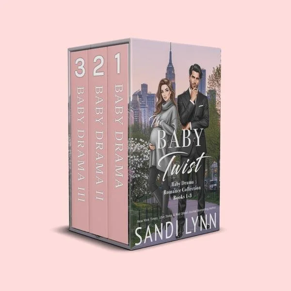 A three-volume boxed set of romantic baby drama novels titled "The Baby Twist" by Sandy Lynn, featuring a cover with a man and woman standing outdoors in front of a cityscape.
