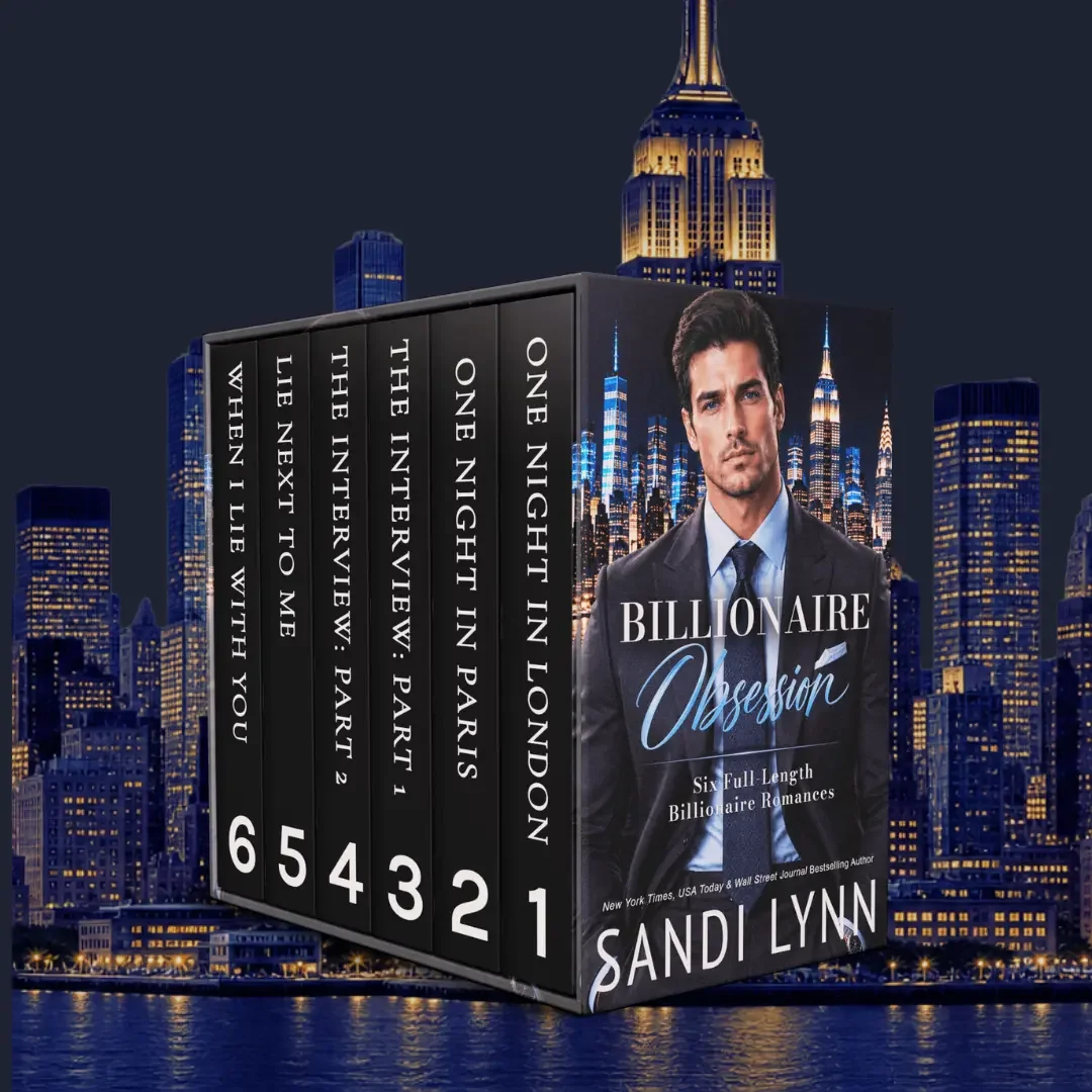 A box set of six romance novels titled 'Billionaire Obsession' by Sandi Lynn, with a cityscape background of New York City skyline at night, featuring prominent skyscrapers including the Empire State Building.