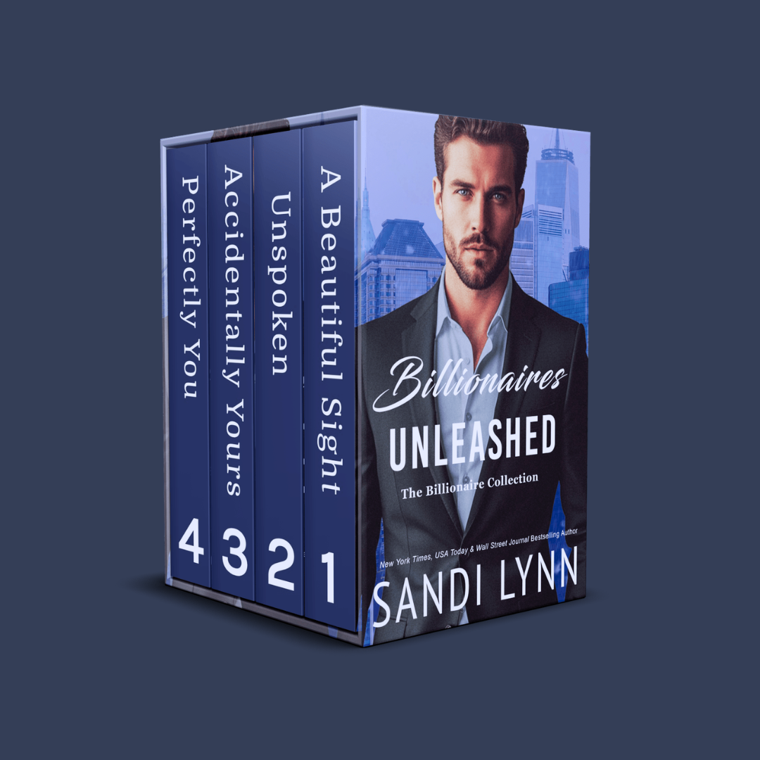 A boxed set of four books titled 'Billions Unleashed' by Sandi Lynn, with a photo of a man in a suit on the cover against a cityscape background.