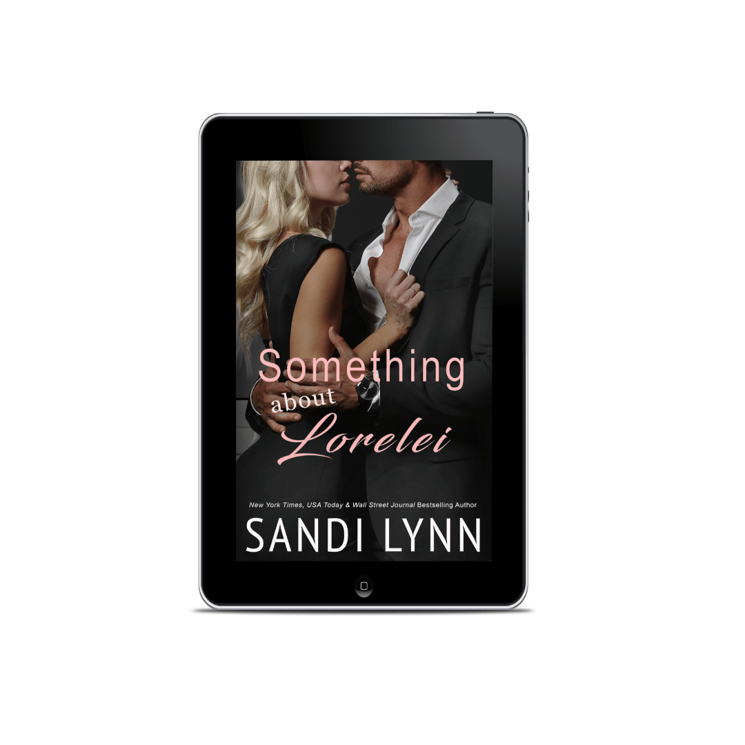 E-book cover titled 'Something about Lorelei' by Sandi Lynn, showing a close-up photo of a man and woman in an intimate pose, with the woman holding the man's collar and the title in pink and white text.