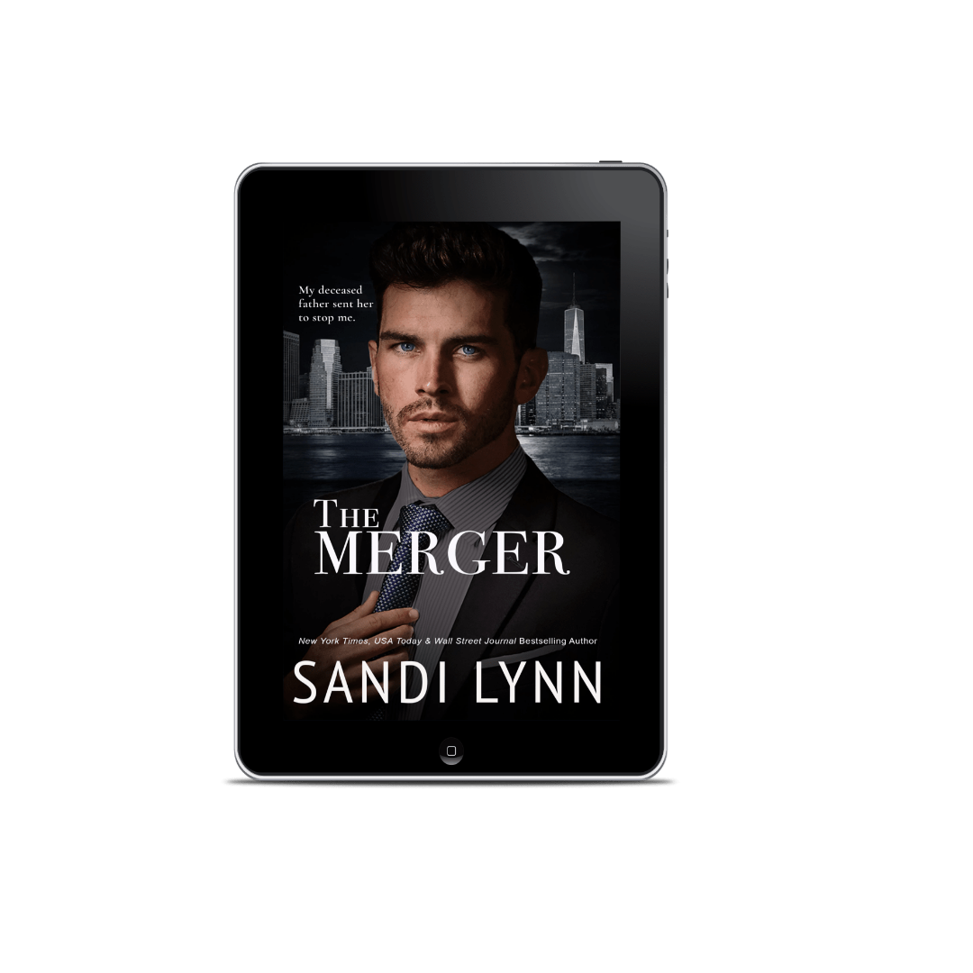 E-book cover of 'The Merger' by Sandi Lynn featuring a man in a suit with city skyline background