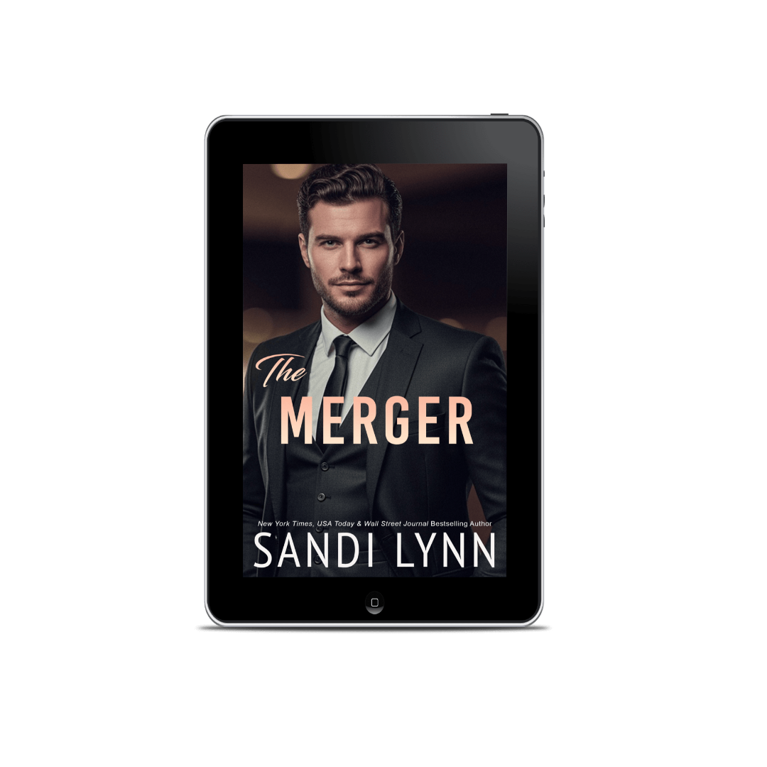Cover image of a book titled 'The Merger' by Sandi Lynn, displayed on a tablet device, featuring a man in a suit and tie with a confident expression.