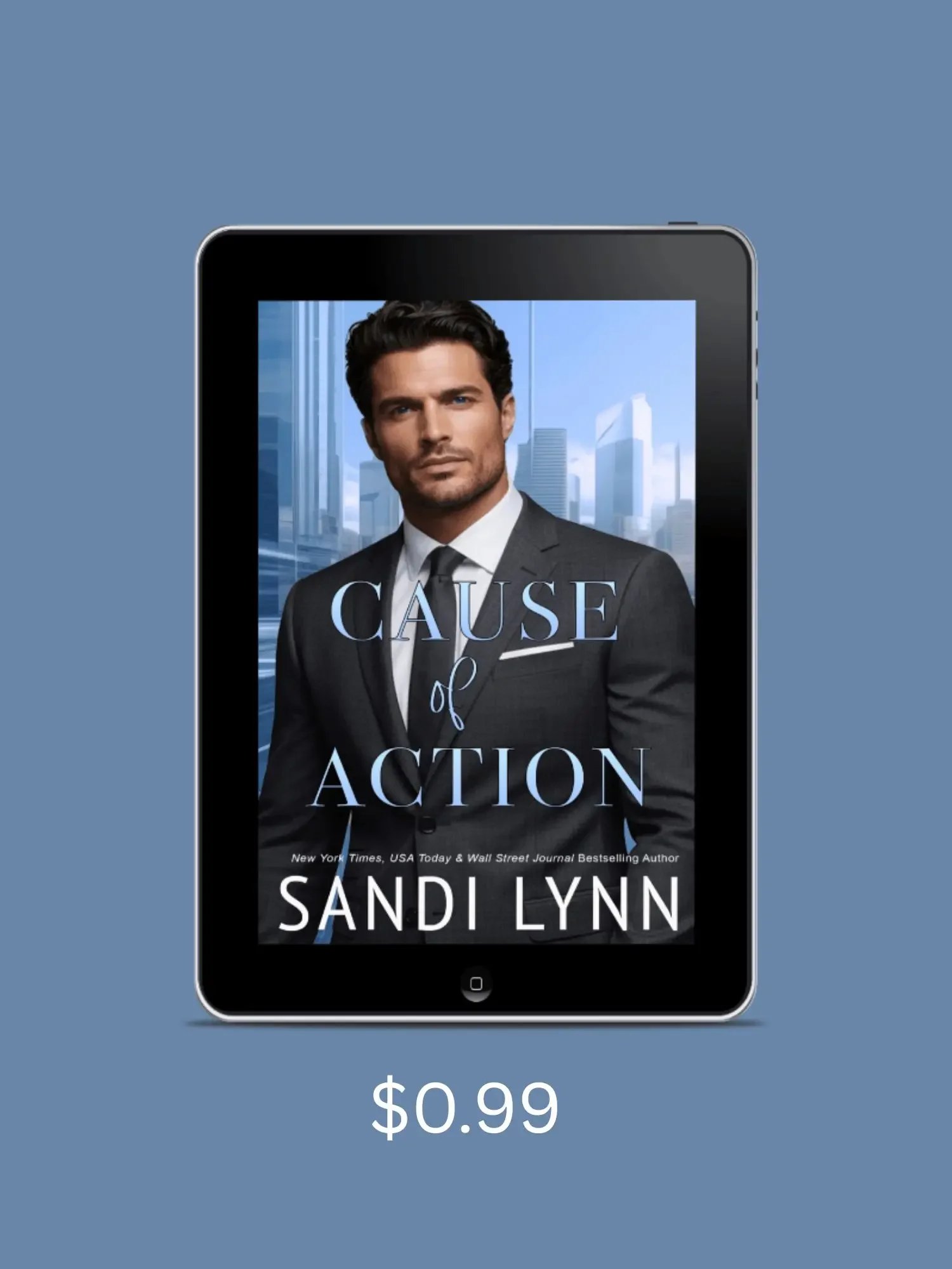 Handsome man in suit, billionaire lawyer against blue big city background