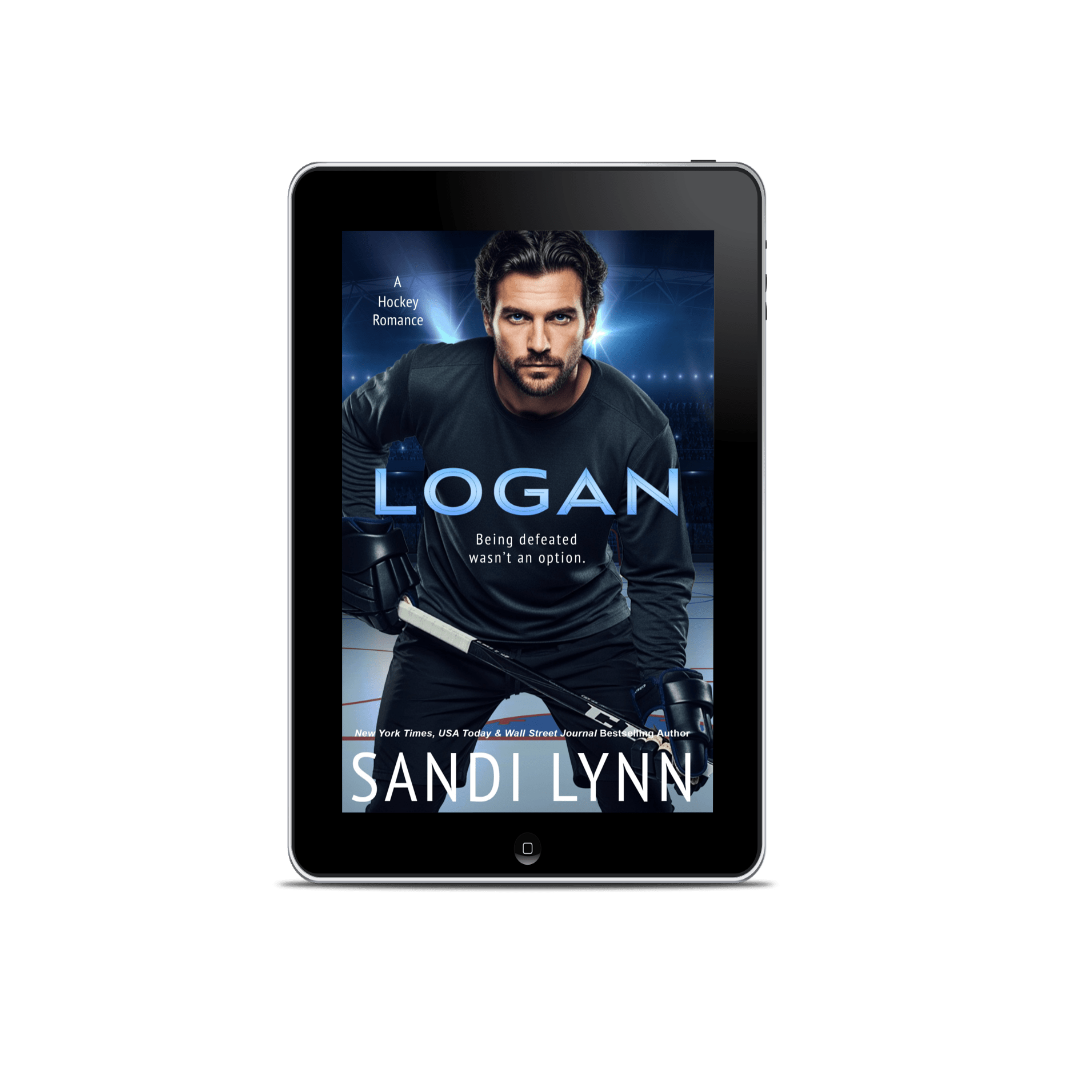 E-book cover of 'Logan' by Sandi Lynn featuring a serious man in a hockey rink, with text describing it as a hockey romance novel.