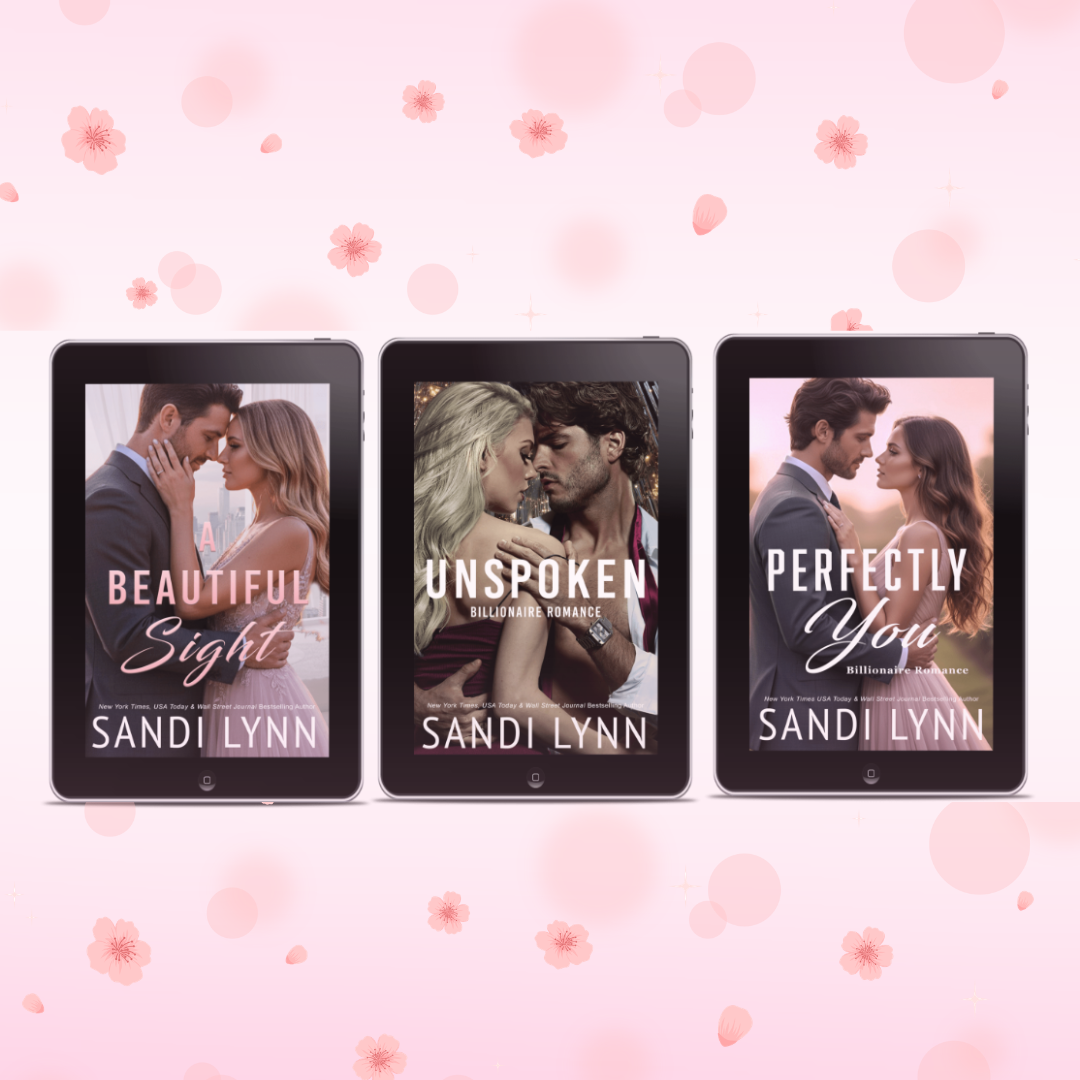 Three e-readers displaying covers of romance novels by Sandi Lynn, with pink cherry blossom-themed background.