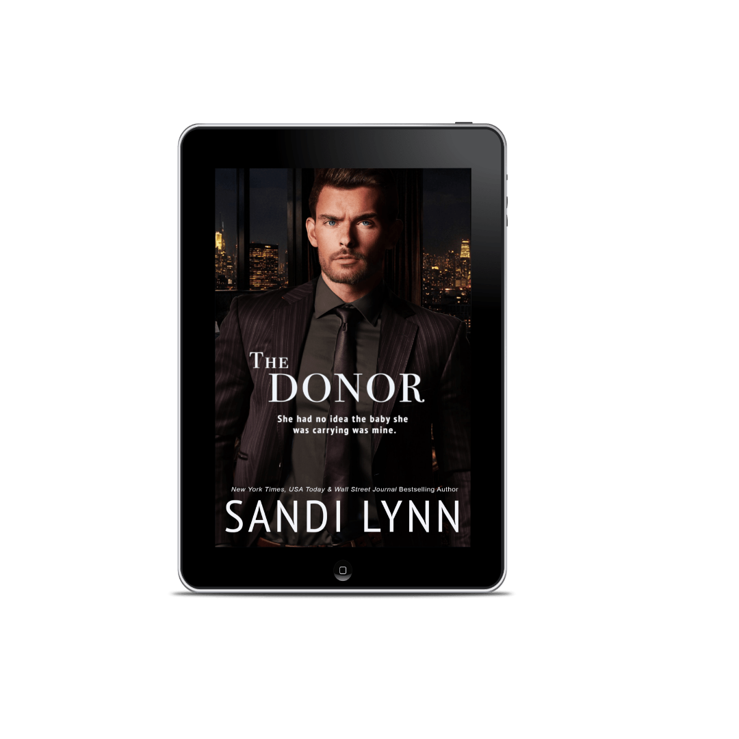 Cover of a book titled "The Donor" by Sandi Lynn, featuring a man in a suit against a cityscape at night on an e-reader screen.