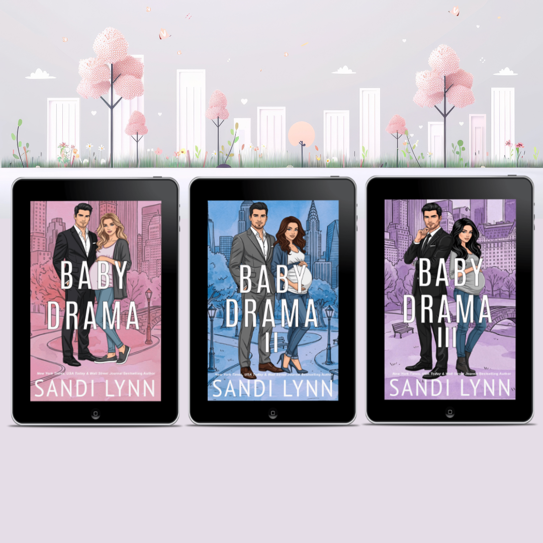Three e-book covers of the series 'Baby Drama' by Sandi Lynn, each featuring a man and a woman in different city backgrounds, displayed on electronic tablets.