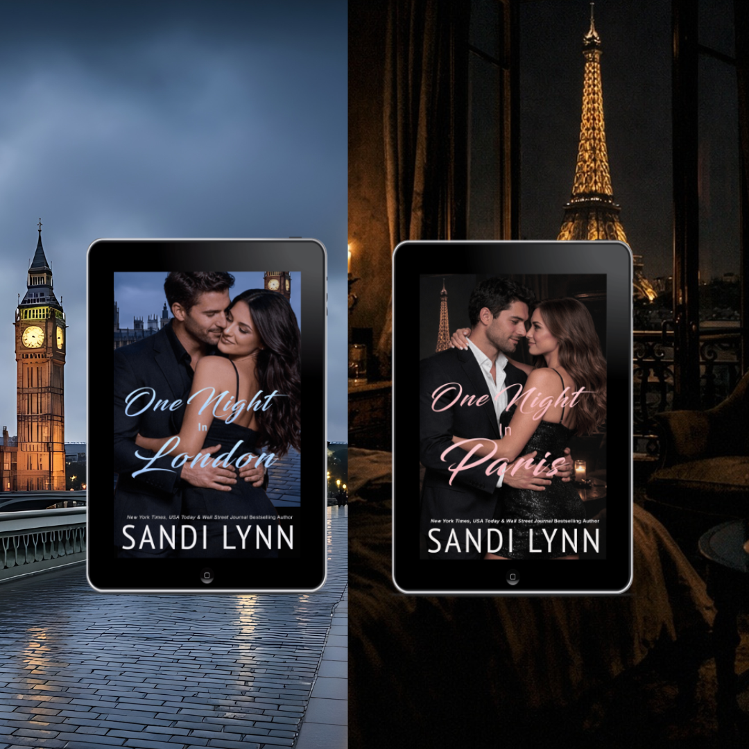 Side-by-side comparison of two book covers. The left cover shows a couple in love with Big Ben in the background, labeled "One Night in London" by Sandi Lynn. The right cover features a couple embracing in front of the Eiffel Tower at night, titled "One Night in Paris" by the same author.