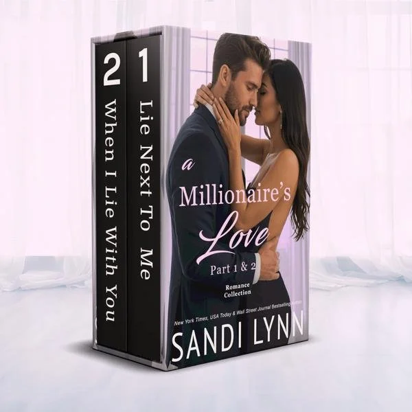A box set of romance novels titled "A Millionaire's Love" by Sandi Lynn, featuring a cover with a man and woman in an intimate pose. The books are numbered 1 and 2, and the series is called "Lie Next To Me: When I Lie With You."