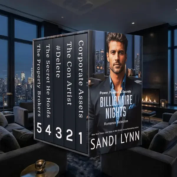 A collection of six books stacked vertically with a city skyline and a man on the cover. Titles include 'Corporate Assets,' 'The Con Artist,' 'The Secret He Holds,' '#PDelete,' 'The Property Broker,' and 'Billionaire Nights' by Sandi Lynn, in a luxurious modern living room with large windows and a fireplace.