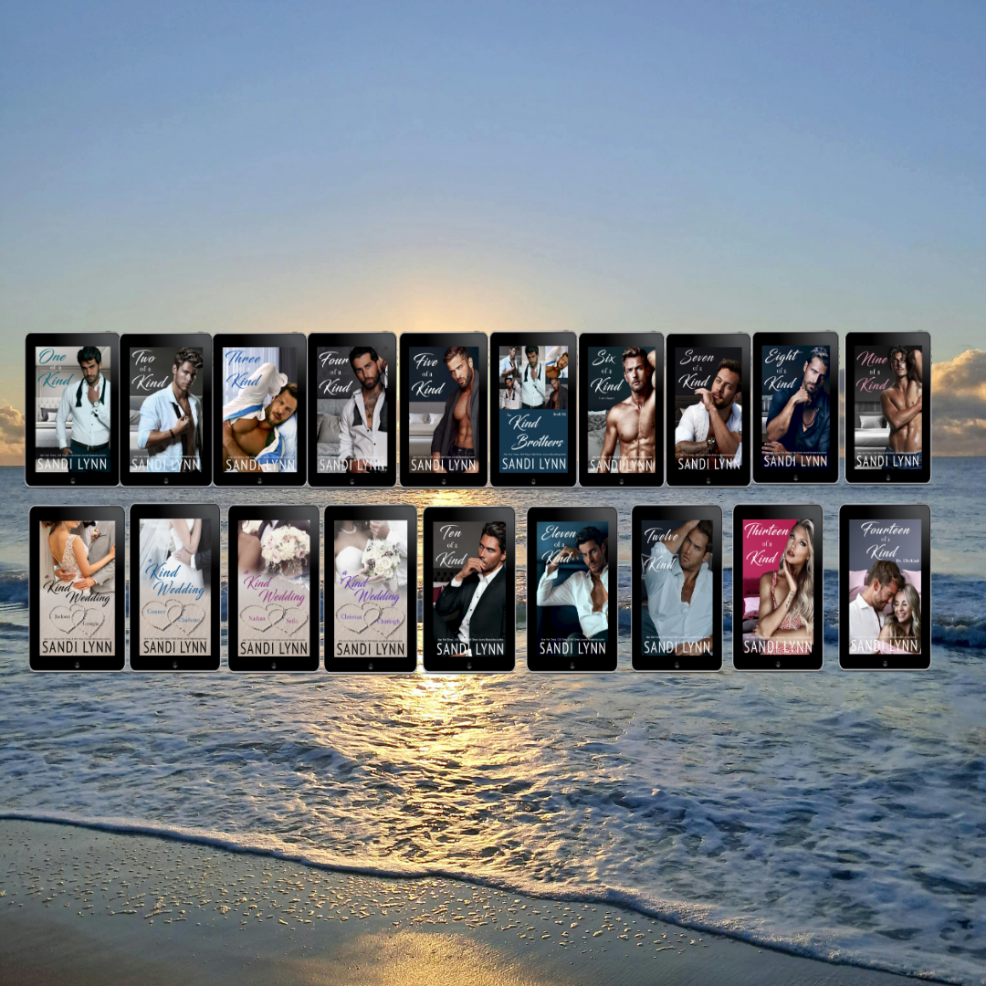 Book covers by Sandi Lynn arranged in two rows against a sunset beach background, with titles such as 'One of a Kind,' 'Two of a Kind,' and 'Kind Wedding'.