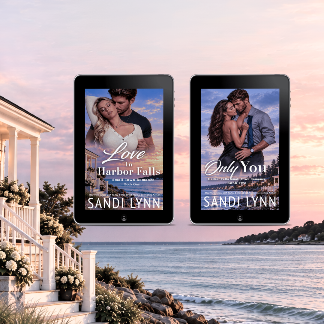 Two e-readers displaying romance novel covers over a scenic coastal sunset background with a porch, beach, and ocean in the distance.