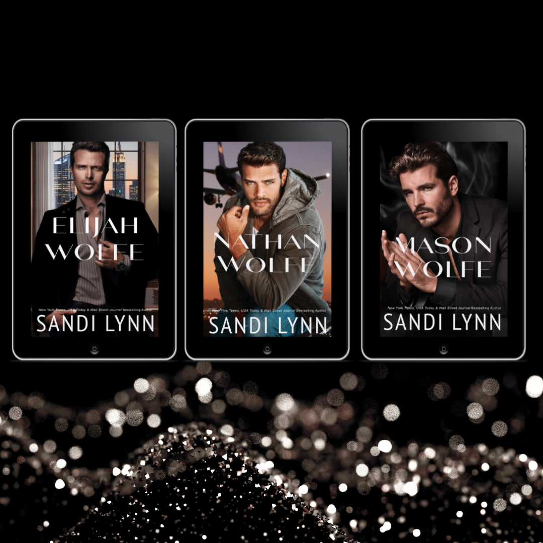 Three digital devices displaying book covers by Sandi Lynn, featuring men with varying backgrounds; behind them, a black background with bokeh lights at the bottom.
