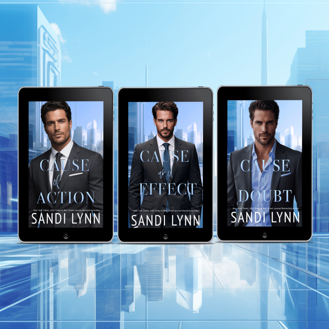 Three tablets displaying the book cover of 'Cause and Effect' by Sandi Lynn, featuring a man in a suit in front of a city skyline with a blue sky, set against a futuristic cityscape background.