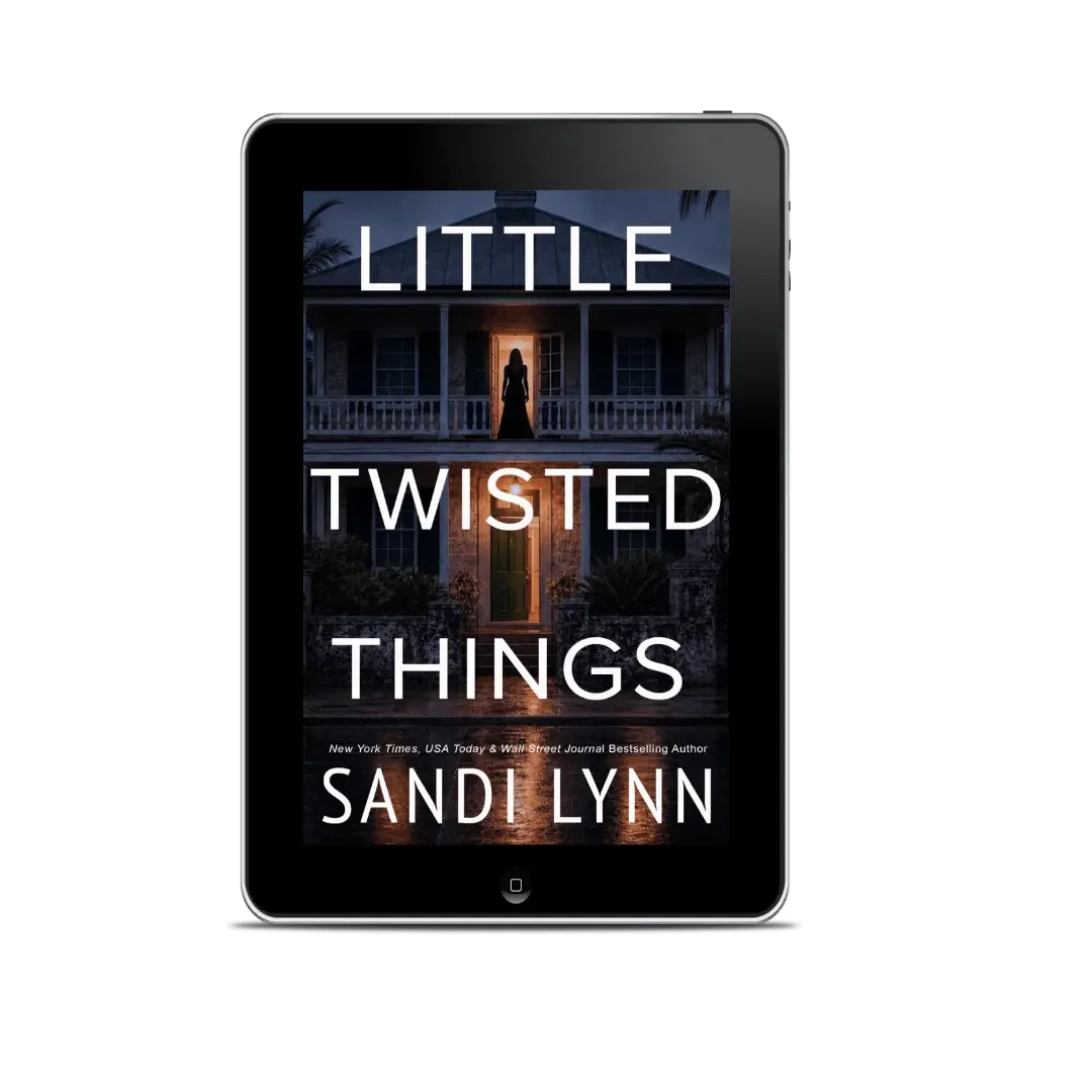 E-book cover titled 'Little Twisted Things' by Sandi Lynn, featuring a dark house with a lit door and a woman standing in front.