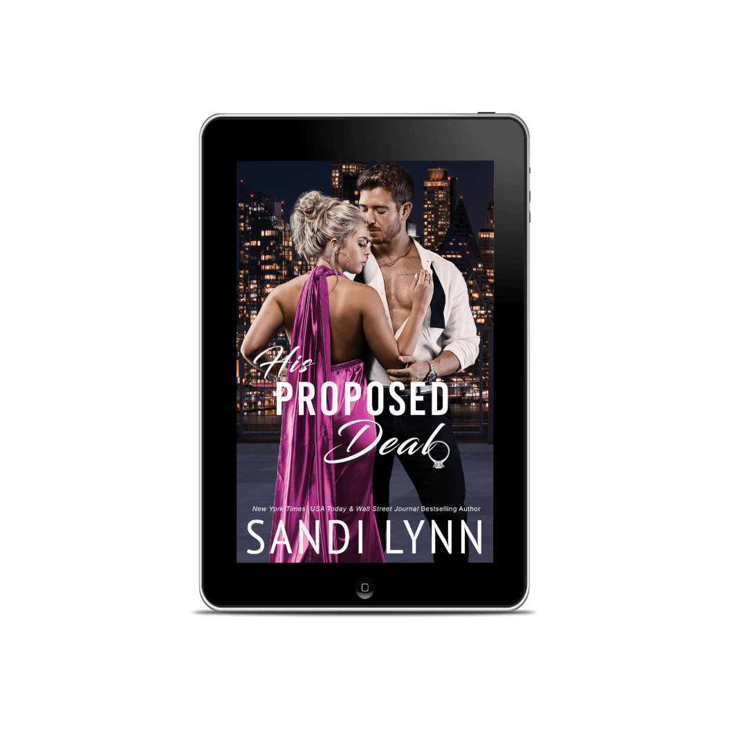 E-book cover of 'His Proposed Deal' by Sandi Lynn, featuring a man and woman in an intimate pose against a city skyline at night.