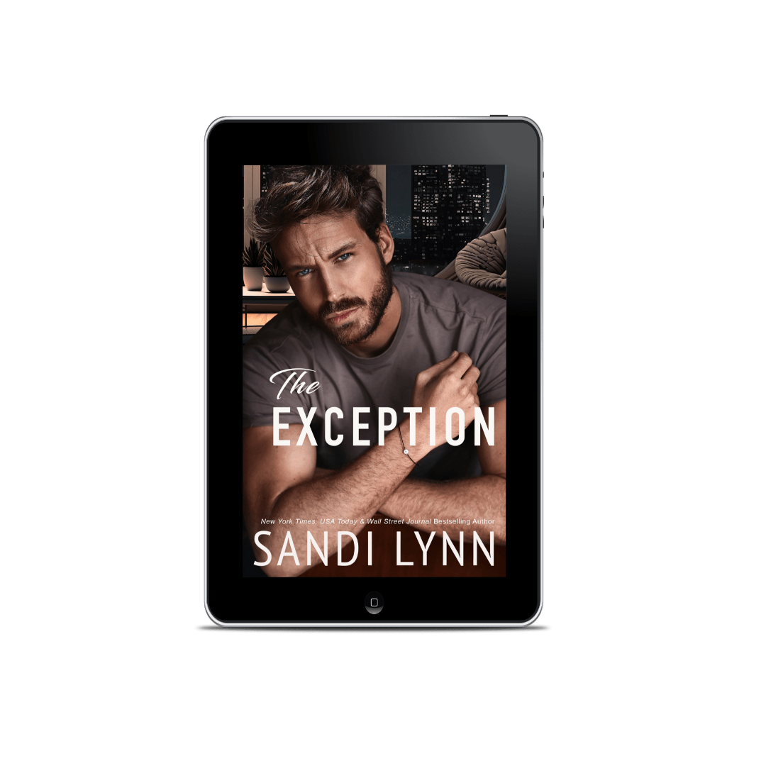 E-book cover displayed on a tablet, featuring a man with a serious expression, dark hair, and a beard, with a cityscape background, titled 'The Exception' by Sandi Lynn.