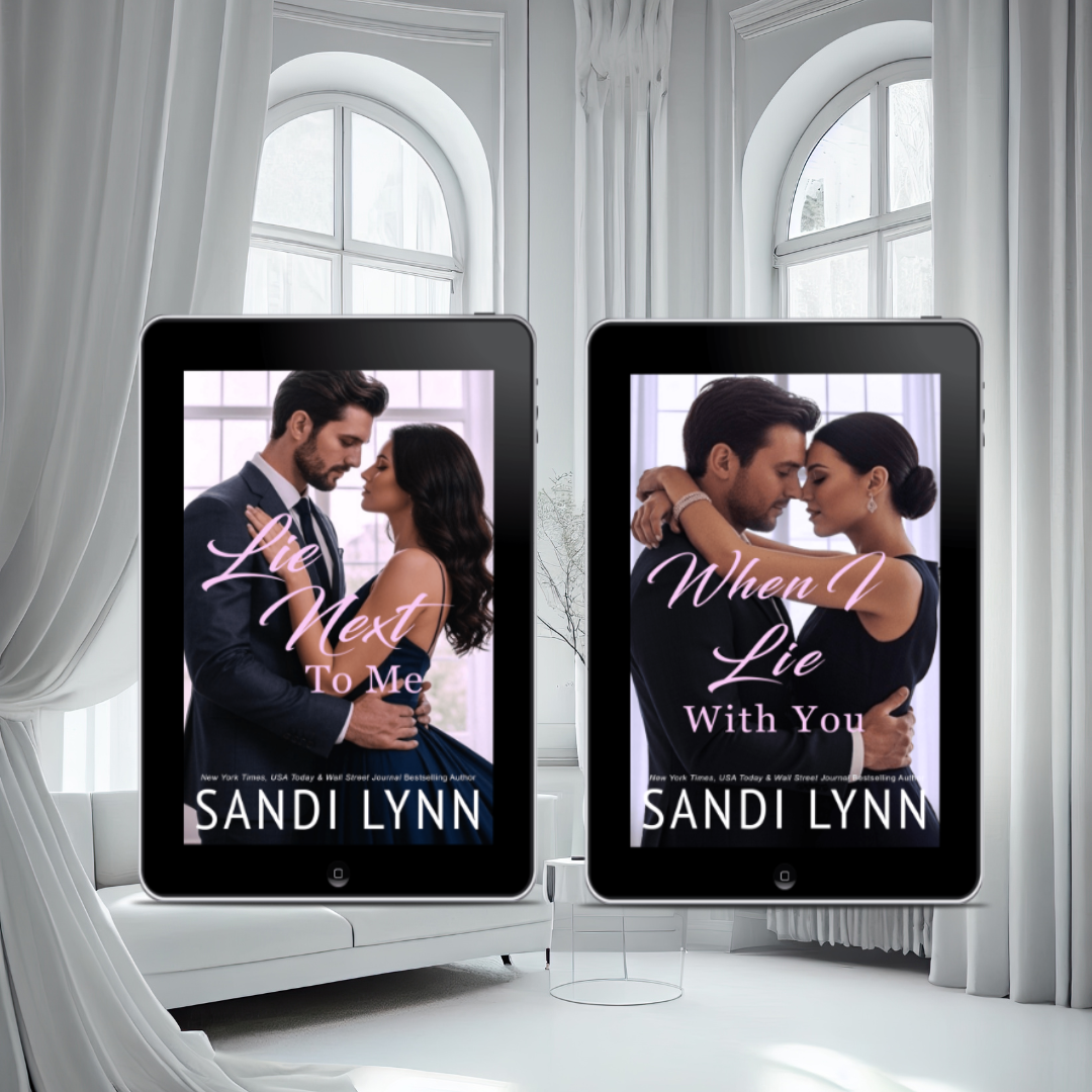 Two electronic devices display romance novel covers featuring a man and woman close together, with one cover titled "Lie Next to Me" and the other "When I Lie With You," both by Sandi Lynn. The background is a bright, white room with large arched windows and white curtains.