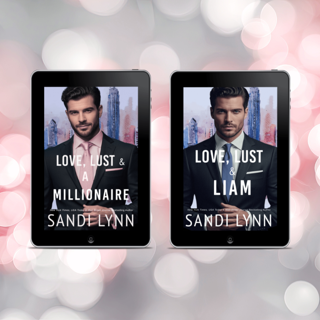 Two e-readers displaying the cover of the book "Love, Lust & A Millionaire" by Sandi Lynn, featuring a man in a suit with a cityscape background, set against a pink and white bokeh background.