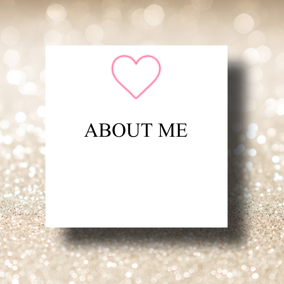 White background with a pink heart outline at the top, and the words 'ABOUT ME' in black font in the center.