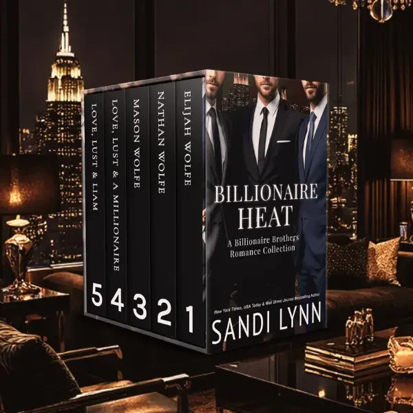Three handsome men standing together in designer suits against a warm golden city backdrop