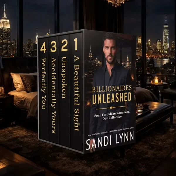 A bookshelf of four books with titles about billionaires, including one titled 'Billionaires Unleashed' by Sandi Lynn, in a luxurious apartment overlooking a city skyline at night.