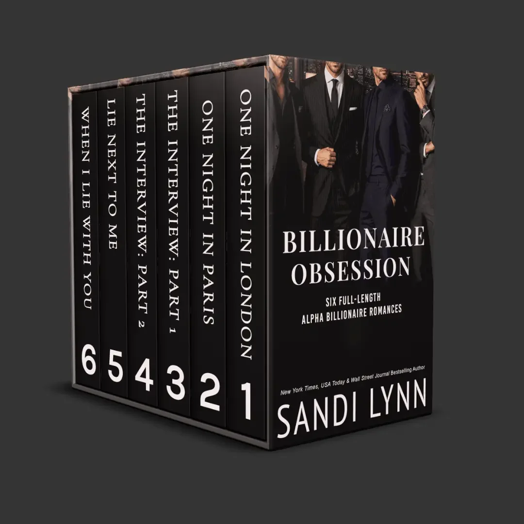 A set of six books titled 'Billionaire Obsession' by Sandi Lynn, featuring full-length alpha billionaire romances. The book spines are numbered 1 to 6, with titles indicating a series set in locations like Paris, London, and New York. The cover shows partially visible men in suits against a cityscape background.