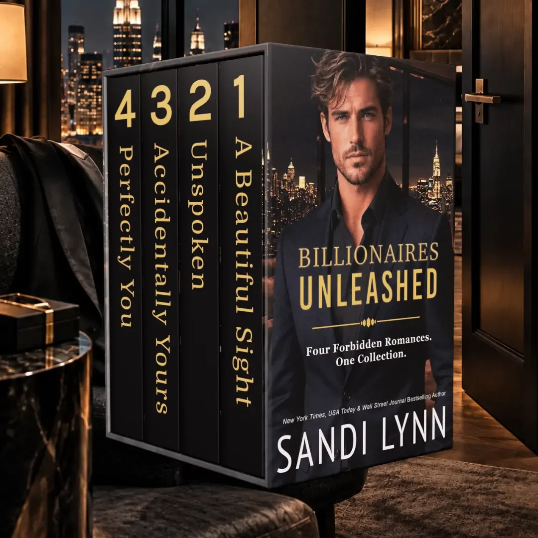 Book set titled "Billionaires Unleashed" by Sandi Lynn, featuring four romance novels with titles "A Beautiful Sight," "Unspoken," "Accidentally Yours," and "Perfectly You" in a luxurious indoor setting with city skyline view.