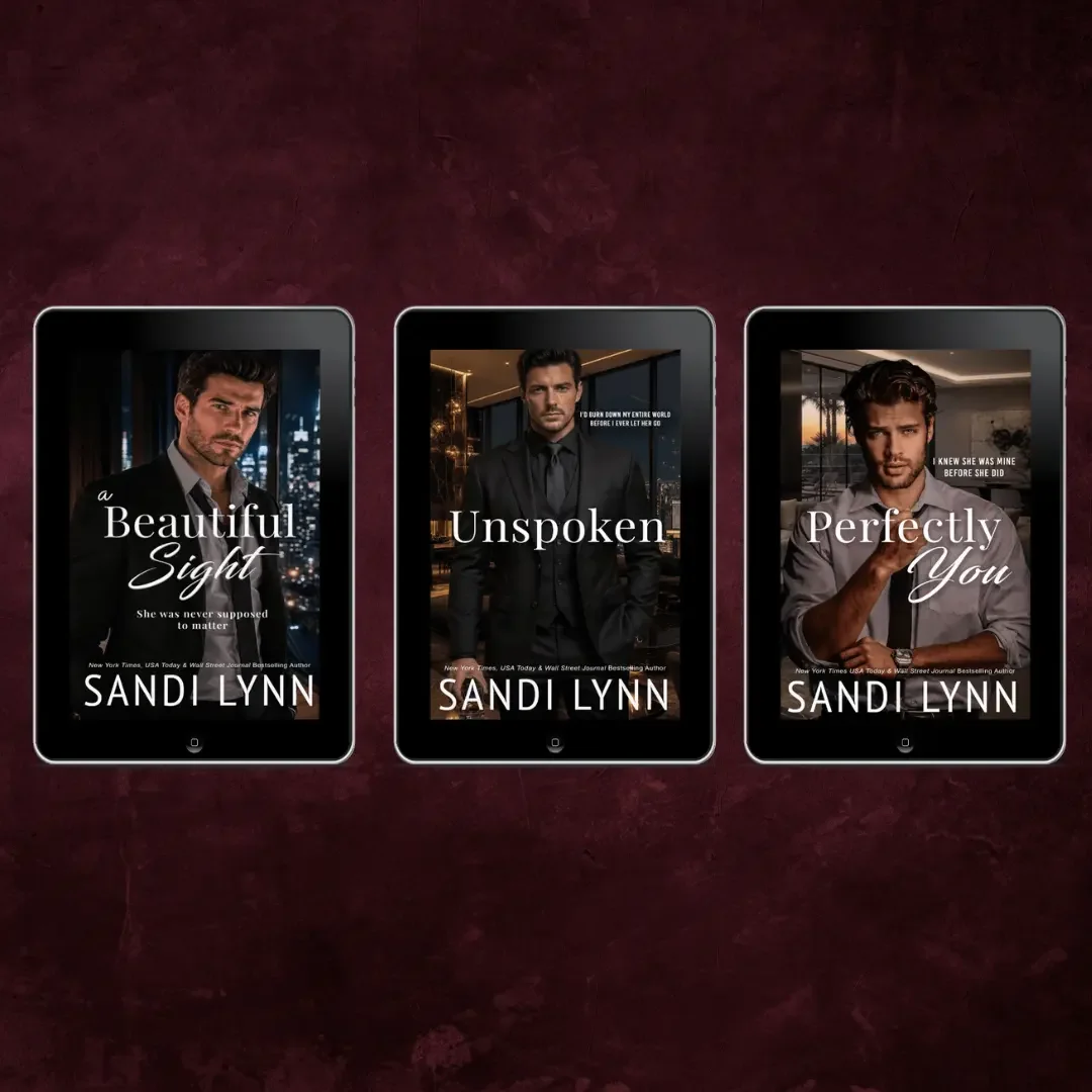 Three e-book covers of novels by Sandi Lynn featuring a man in a suit on each cover, with cityscape backgrounds, titled "A Beautiful Sight," "Unspoken," and "Perfectly You."