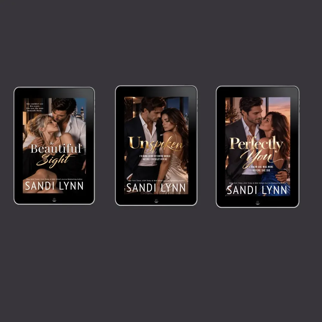 Three e-reader devices displaying the covers of books by Sandi Lynn, each with romantic couple images and titles: "A Beautiful Sight," "Unspoken," and "Perfectly You."