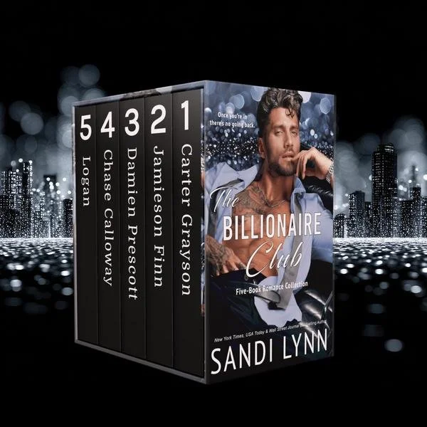 A collection of five romance novels in a box set titled "The Billionaire Club" by Sandi Lynn, featuring a man with a tattooed arm on the cover, with a cityscape backdrop at night.