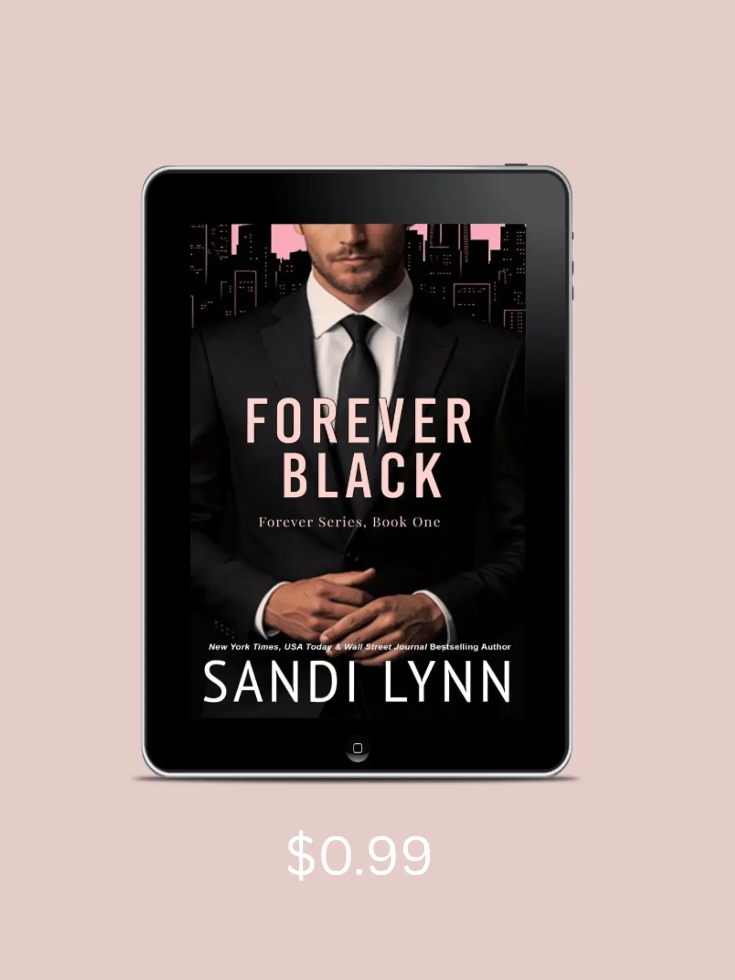 Handsome billionaire man dressed in black suit against pink and black city background