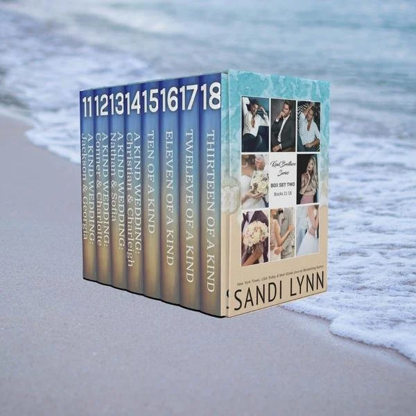 A set of ebooks by Sandi Lynn, titled Kind Brothers Box Set 2,' displayed on a sandy beach with waves in the background.