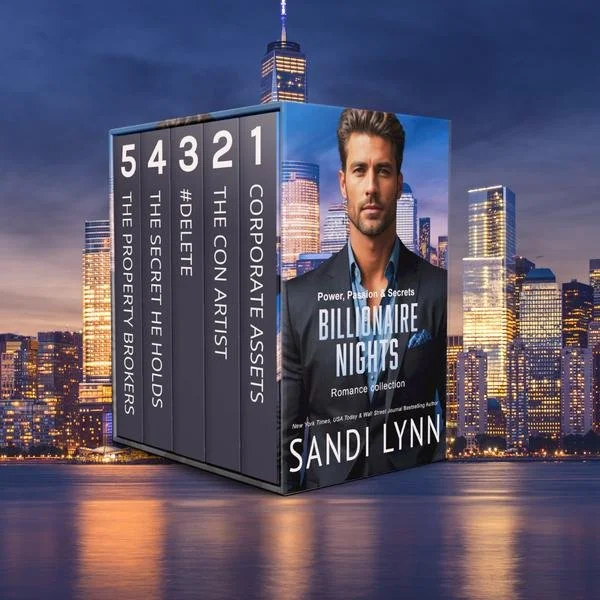 A promotional display featuring a man on the cover of a book titled "Billionaire Nights" by Sandi Lynn, with a city skyline background at night.