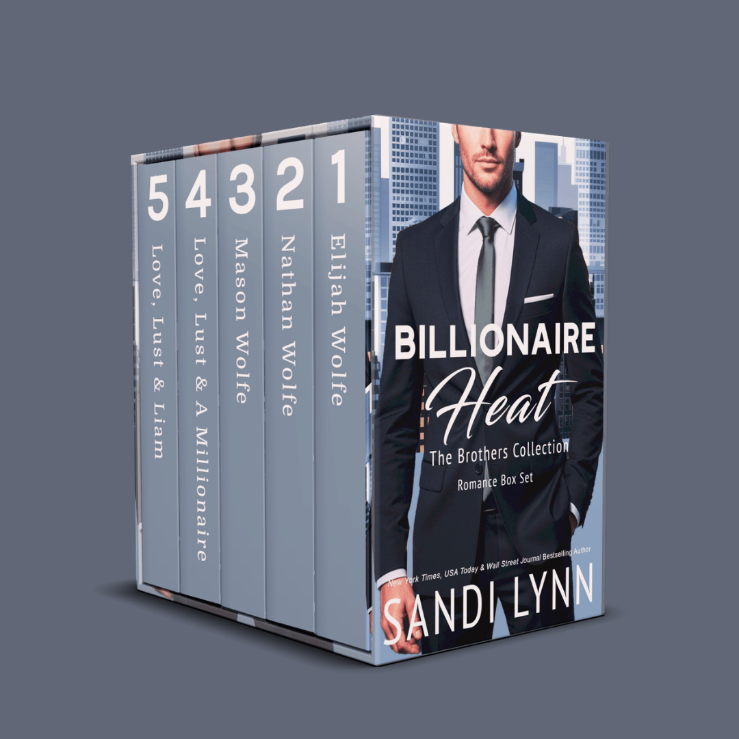 A collection of five romance novels in a box set titled "Billionaire Heat" by Sandalynn, featuring a man in a suit on the cover, with a cityscape background.