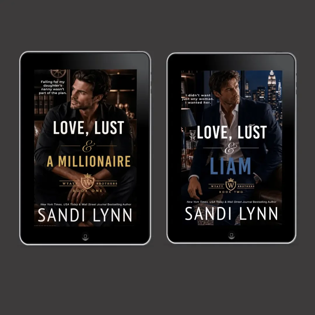 Book covers of "Love, Lust & A Millionaire" by Sandi Lynn, showing two men in suits, one against a dark background and the other against a city skyline at night, each displayed on a tablet.
