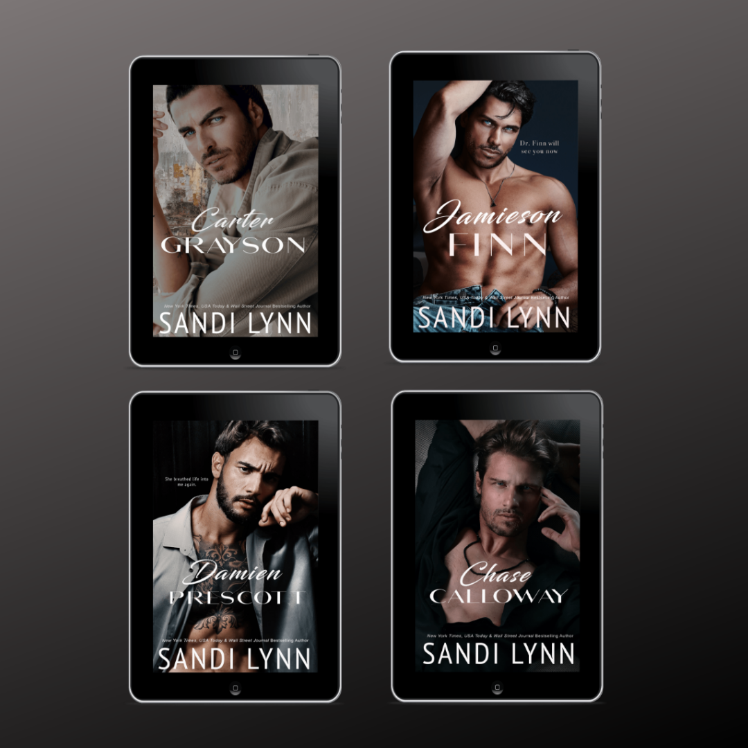 Four e-book covers displayed on tablets, featuring male models with varying poses and shirtless or casual attire. Titles include 'Carter Grayson,' 'Jamieson Finn,' 'Damien Prescott,' and 'Chase Calloway,' all authored by Sandi Lynn.
