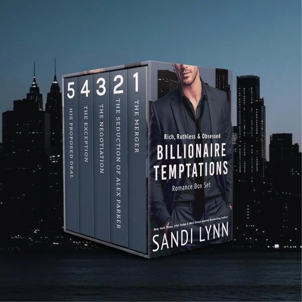 A boxed set of books titled "Billionaire Temptations" by Sandi Lynn, with five books inside numbered 1 through 5. The books have titles such as 'The Mergers', 'The Seduction of Alex Parker', 'The Negotiation', 'The Exception', and 'His Proposed Deal.' The box features an image of a man in a suit and is set against a city skyline at night.