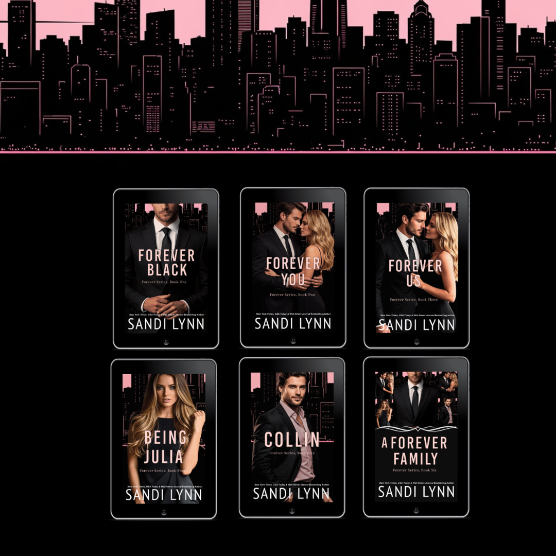 A digital illustration of a city skyline at sunset with pink and purple hues, and six e-book covers displayed on tablets featuring romantic novel titles by Sandi Lynn.