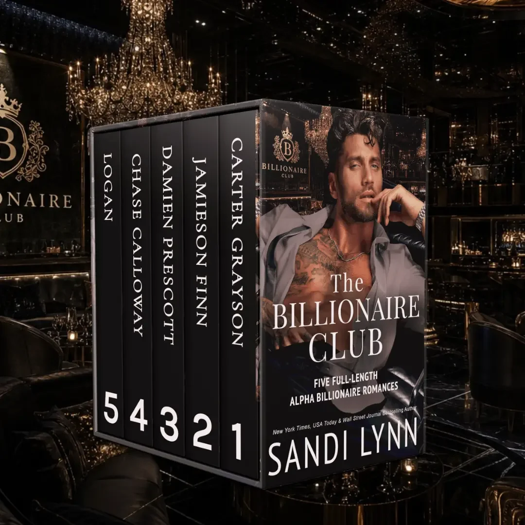 The image shows a set of five book covers organized like a box set, titled "The Billionaire Club" by Sandi Lynn. The covers feature images of men and the titles include "Carter Grayson," "Jameson Finn," "Damien Prescott," "Chase Gallo Way," and "Logan." The background appears to be a luxurious, dimly lit club or lounge with chandeliers and dark decor.