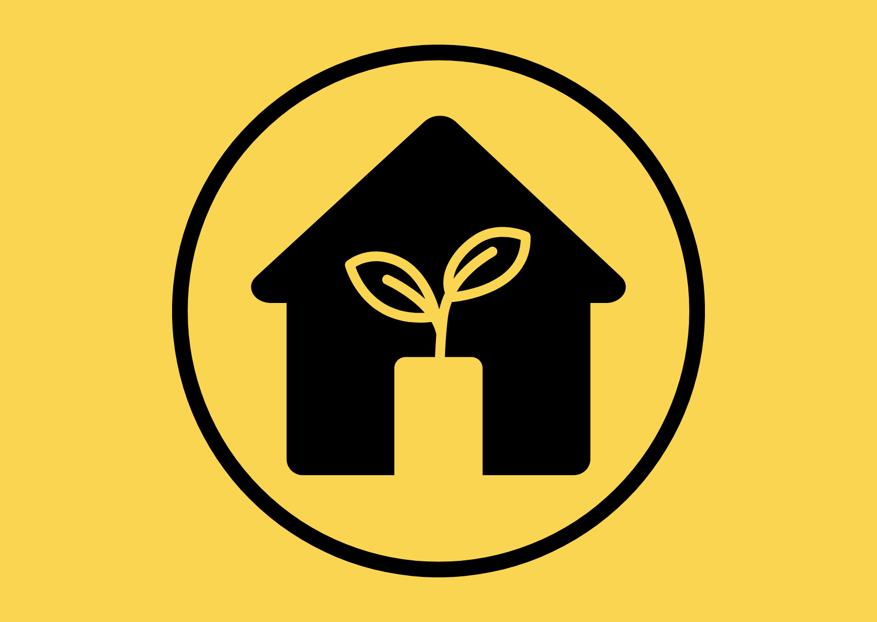 A black icon of a house with a plant growing inside it, symbolizing eco-friendly or sustainable living, on a yellow background.