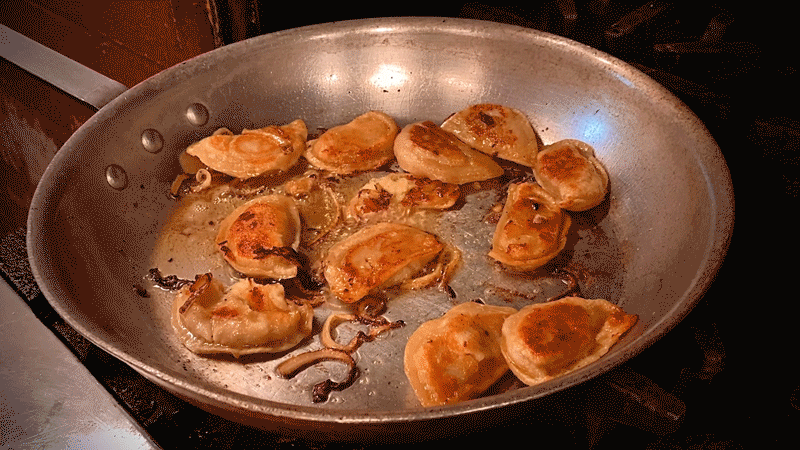 A cinemagraph I created in Photoshop. To create this, I took video footage of Krupa Bros Pierogis and captured a still from the video. Using layer masking, I created a hole so only the sizzling and bubbles would move.