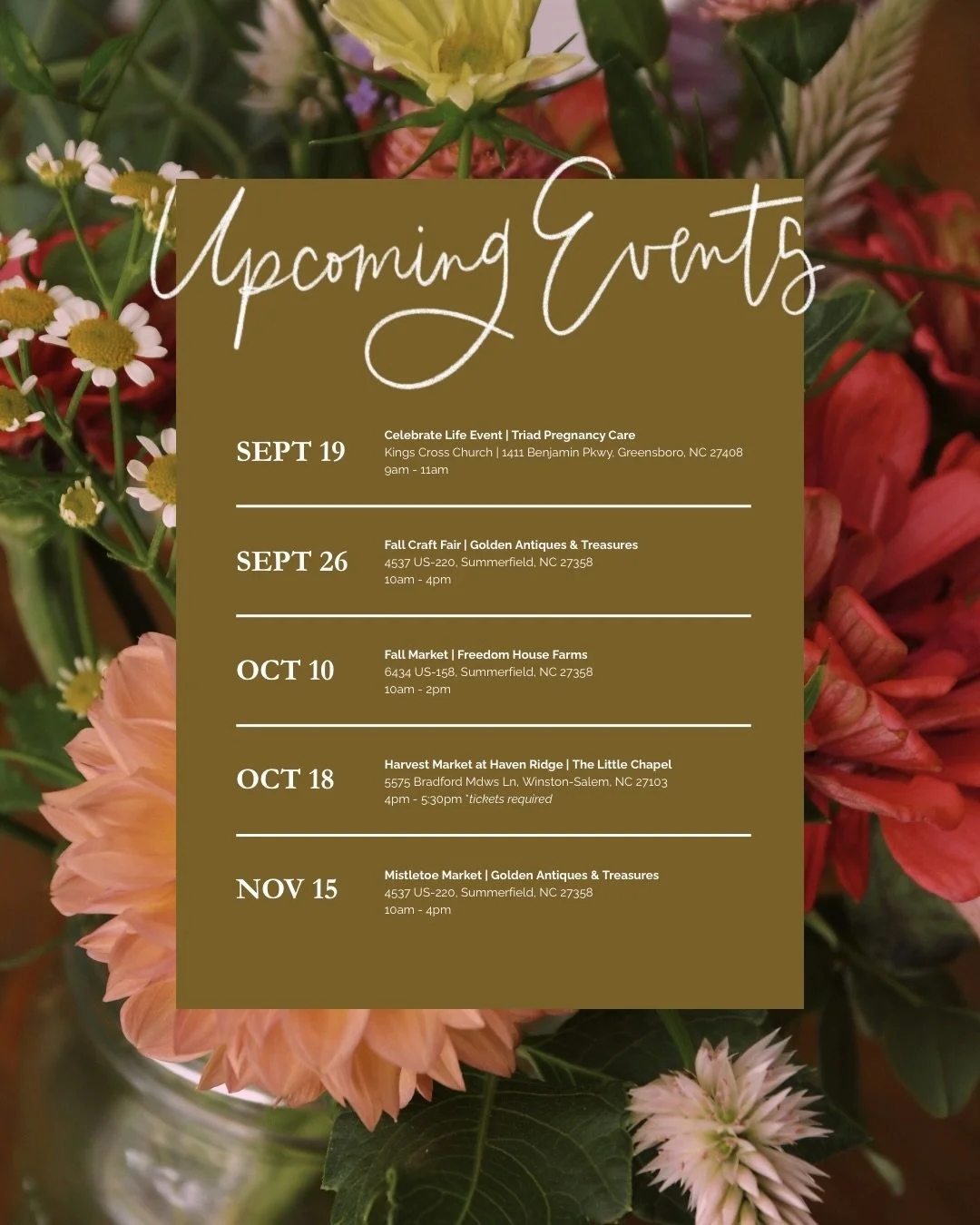 Only a couple days away from my first event of the fall! Working hard to get more art, cards and hand painted journals ready&hellip;this will be a crazy couple months but so much fun!

Hope you can join for one or all of them 😊

I&rsquo;m still eyei