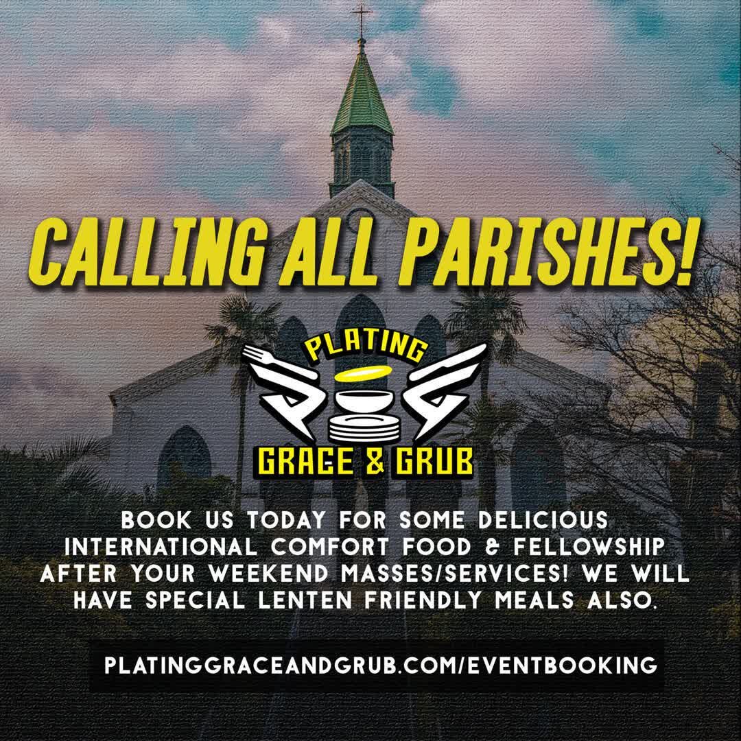 Happy Sunday! Is your parish church in need of delicious meals and fellowship after your weekend masses? The @platinggracetruck has got you covered! Book us today to come out to your parishes! We will also be offering Lenten friendly dishes during th