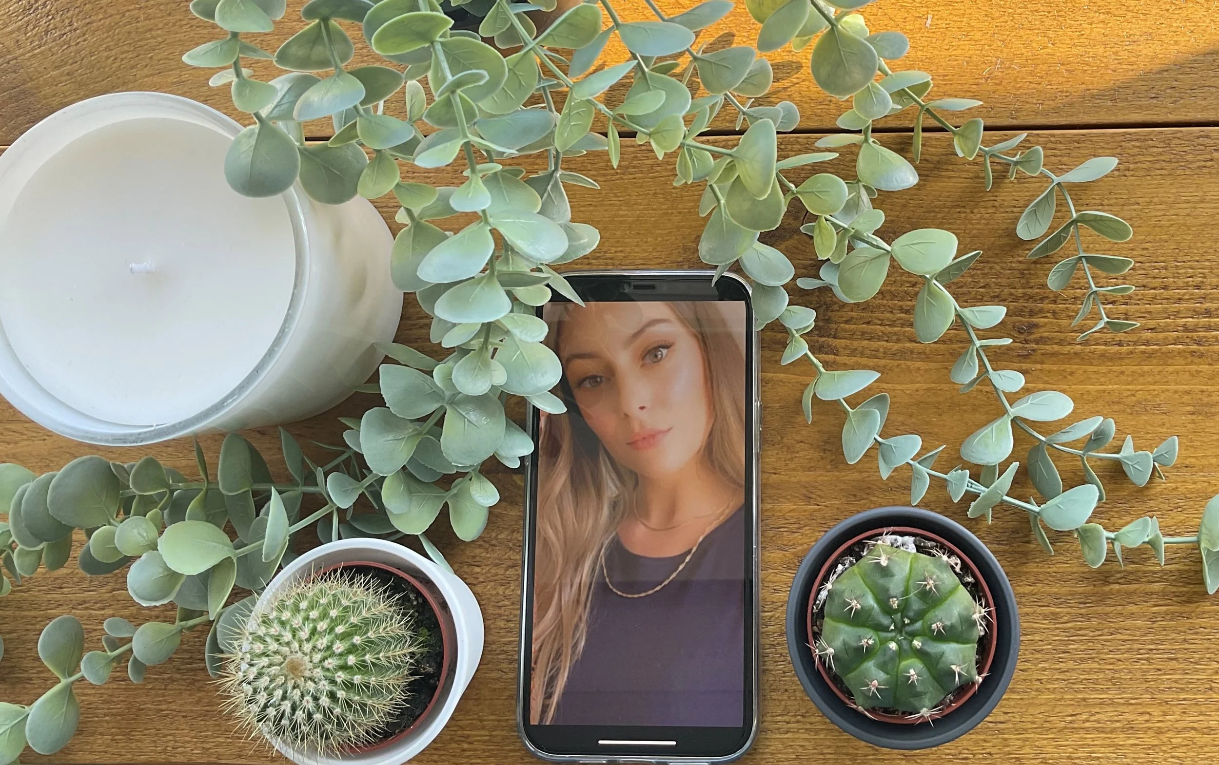 Top-down view of a smartphone surrounded by various potted cacti and succulent plants on a wooden surface.