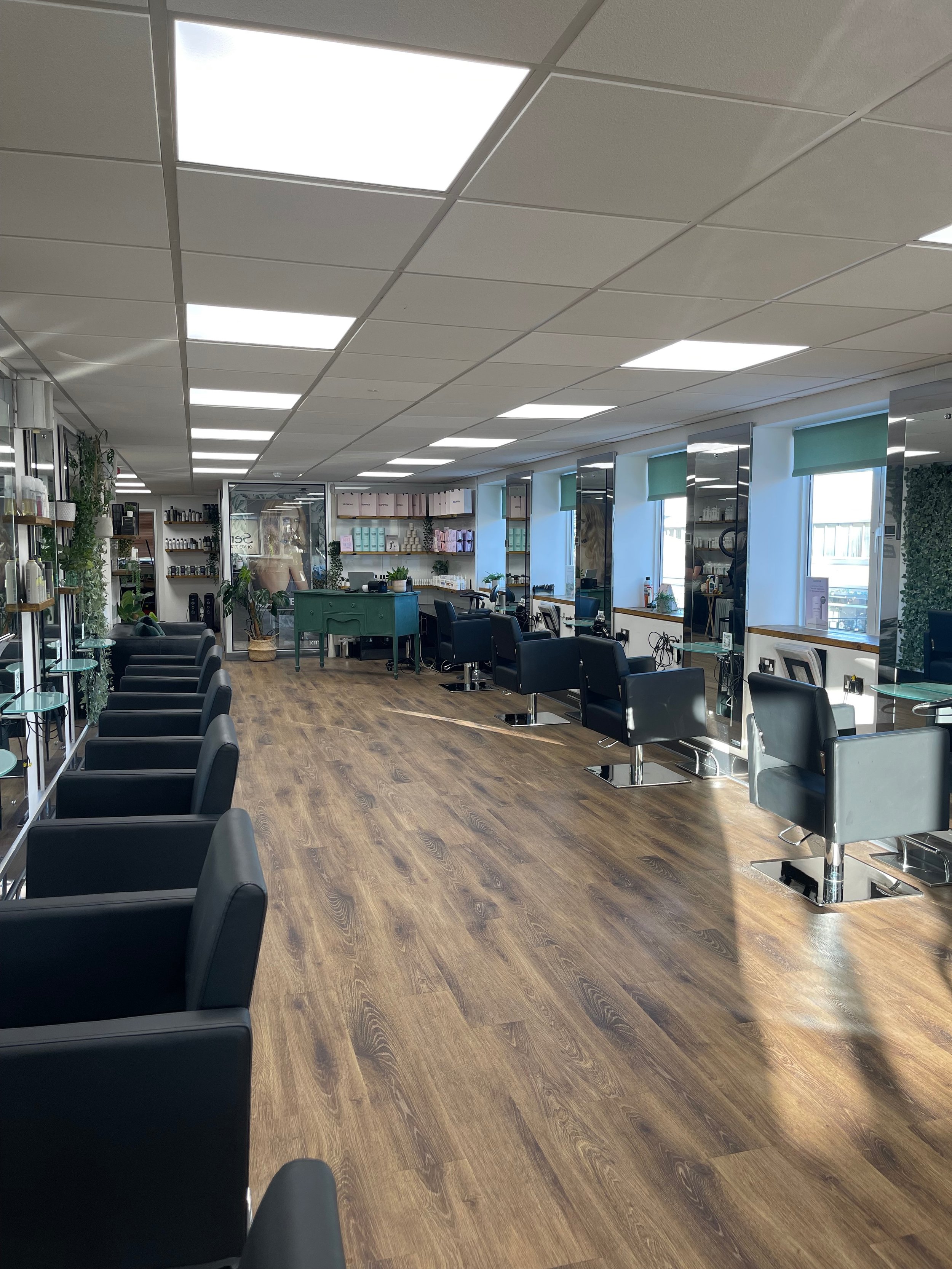 Interior of a hair salon named Serenity Hair with black chairs, mirrors, and plants, and sunlight streaming through windows.