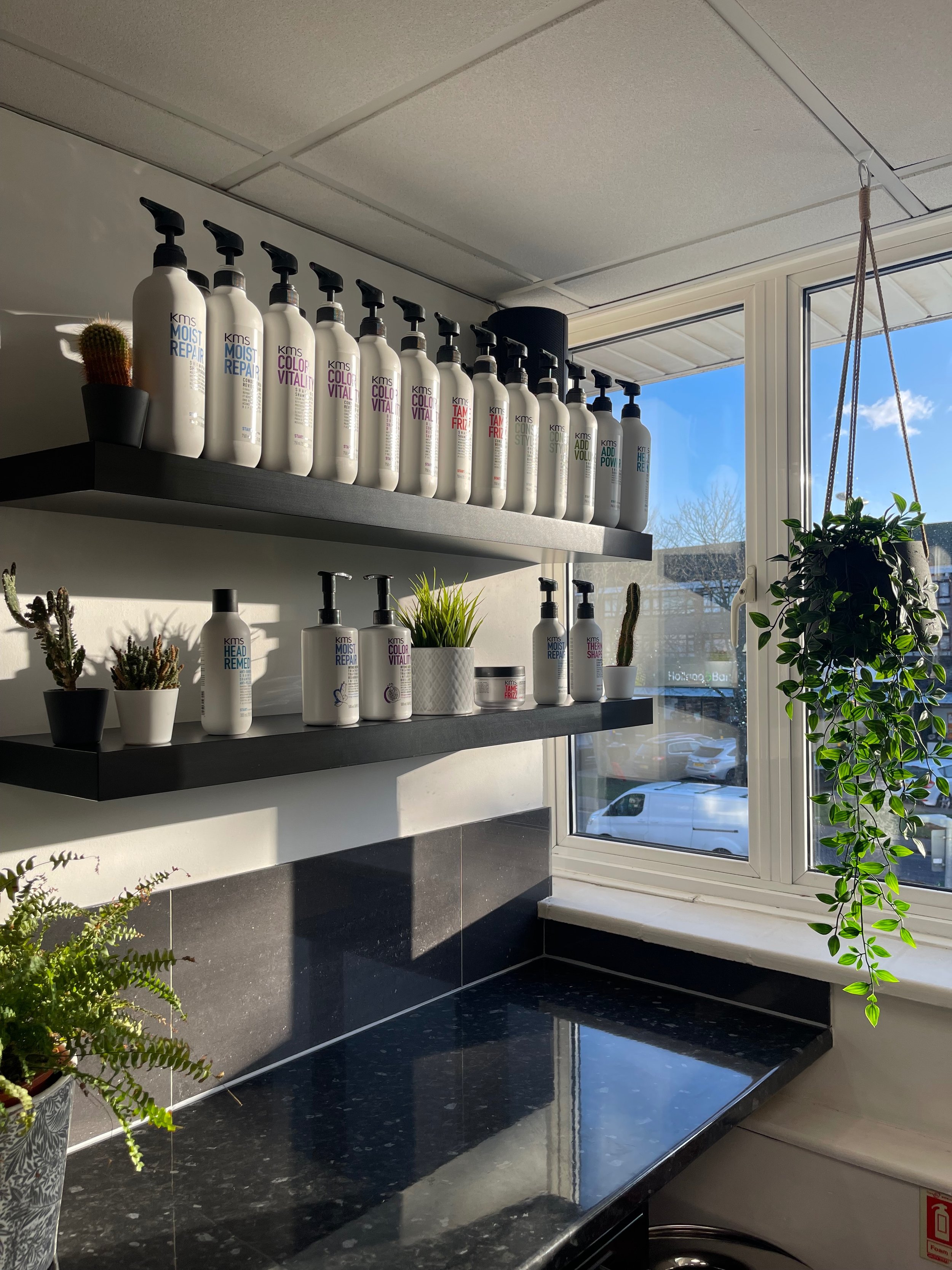 Image of a hair salon shampoo station featuring shelves of hair care products on the wall.