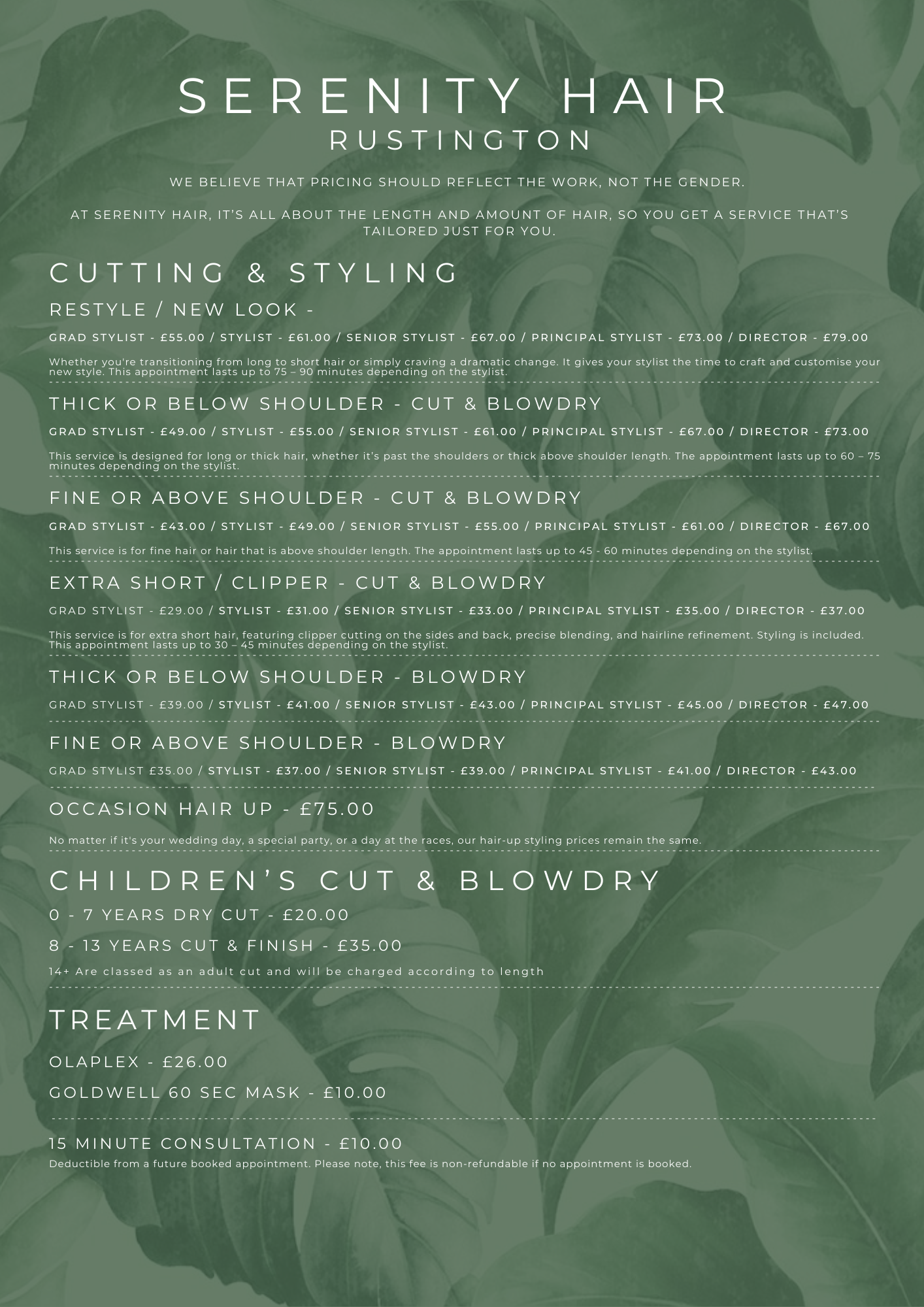 A promotional menu for Serenity Hair in Rustington, featuring services such as cutting, styling, blow-drying, kids' cuts, treatments, and hair-ups, with various pricing options for different stylist levels.
