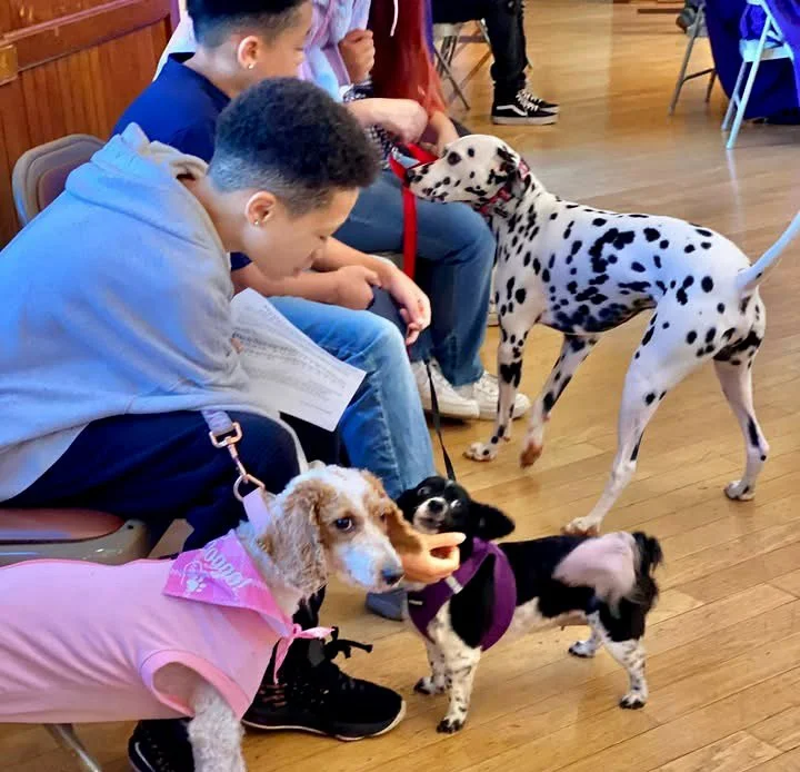 Kids and families with their dogs, including a Dalmatian, at the Blessing of the Animals