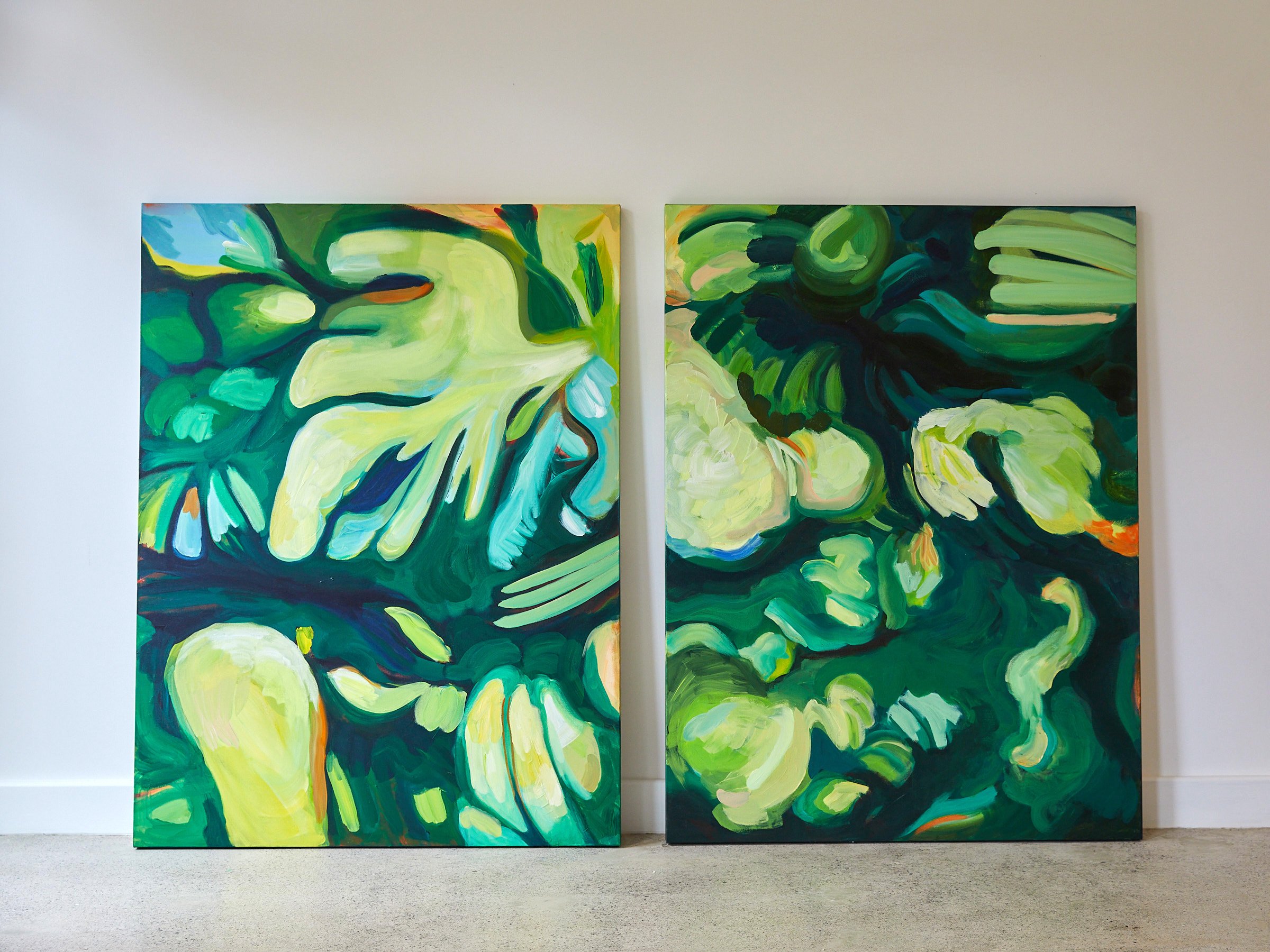 Forest Abstract I and II, 2021, acrylic on canvas, 48 x 36 x 1 1/2 in (122 x 91 x 4 cm)